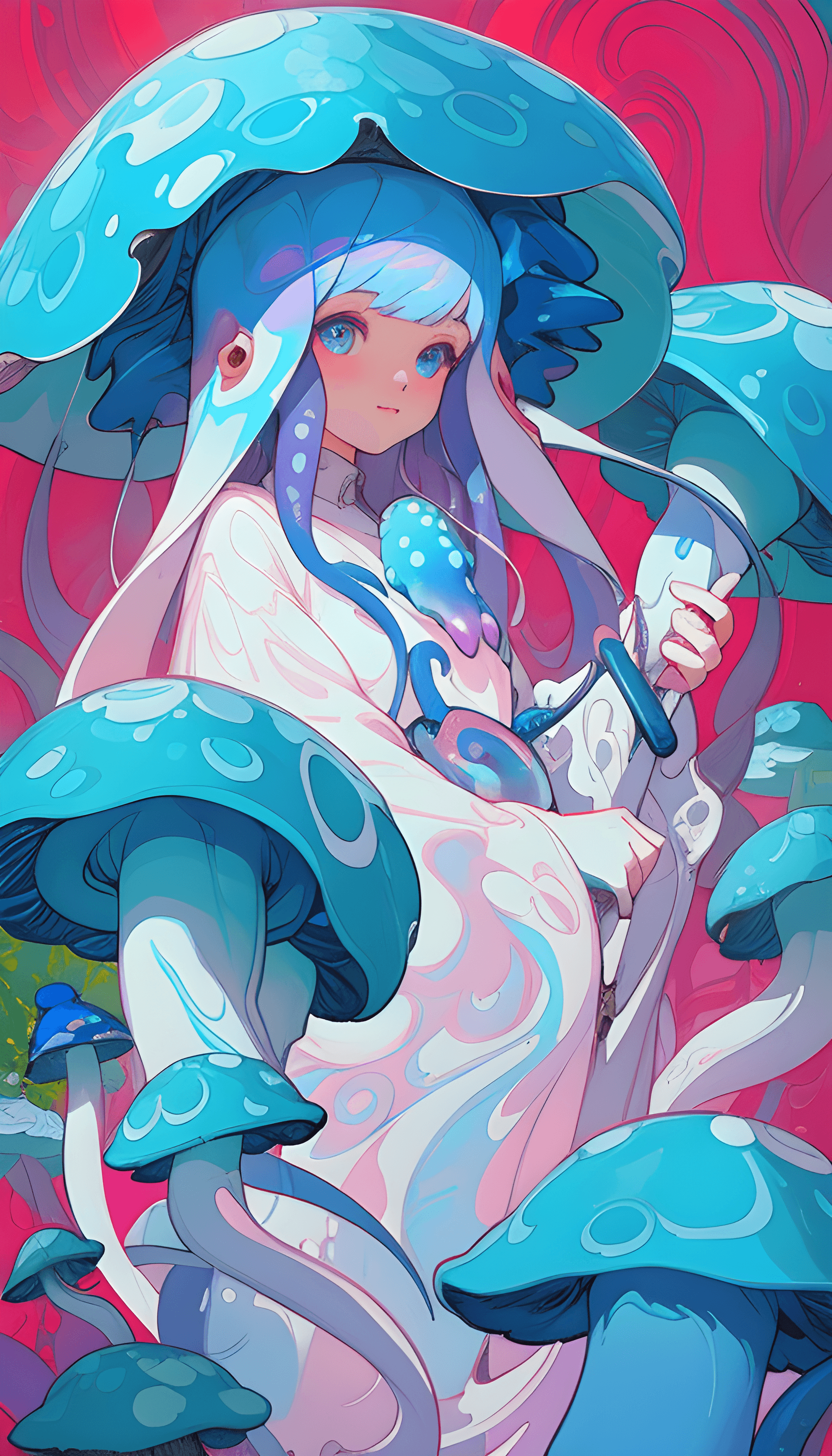 AI generated: a painting of a woman with blue mushrooms on her head, digital art, inspired by loish, Artstation, p...