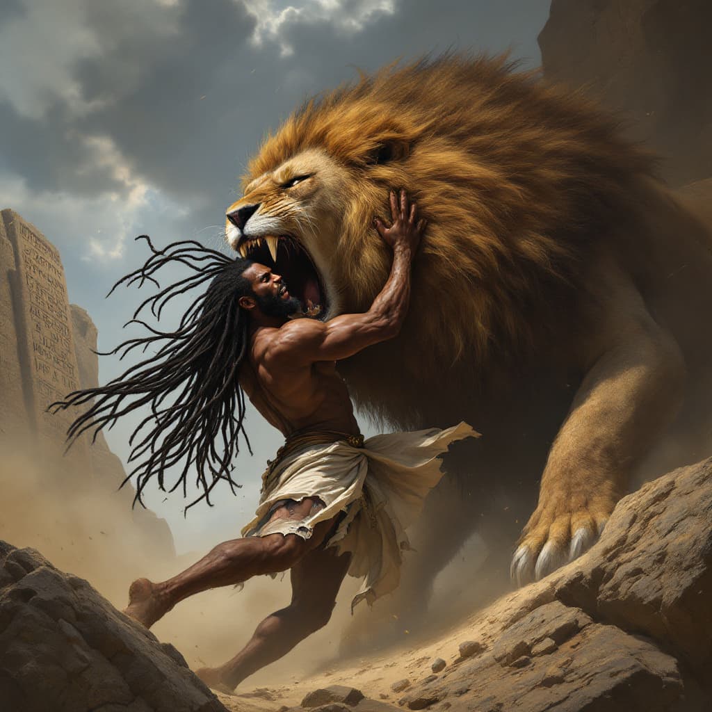 AI generated: A digital painting of an epic biblical scene featuring Samson, depicted as a 10ft tall physically fi...