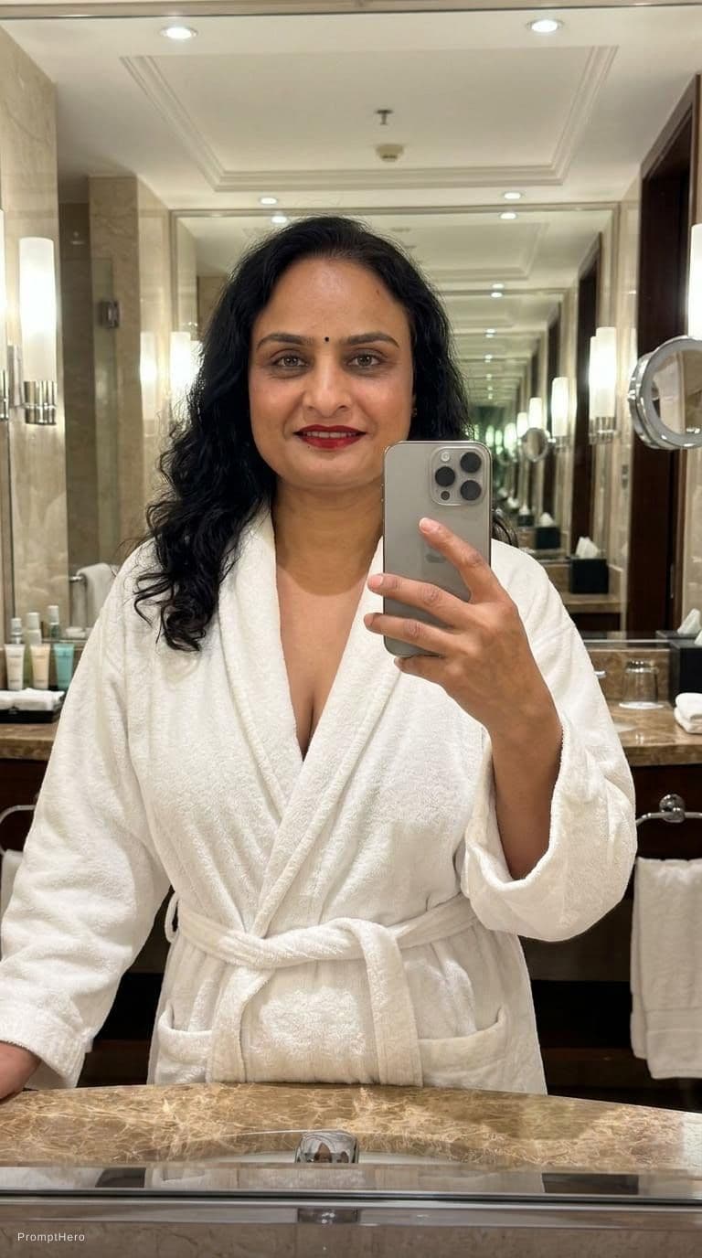 AI generated: Keep the same female indian model, keeping same hairstyle and makeup, taking a mirror selfie wearing...