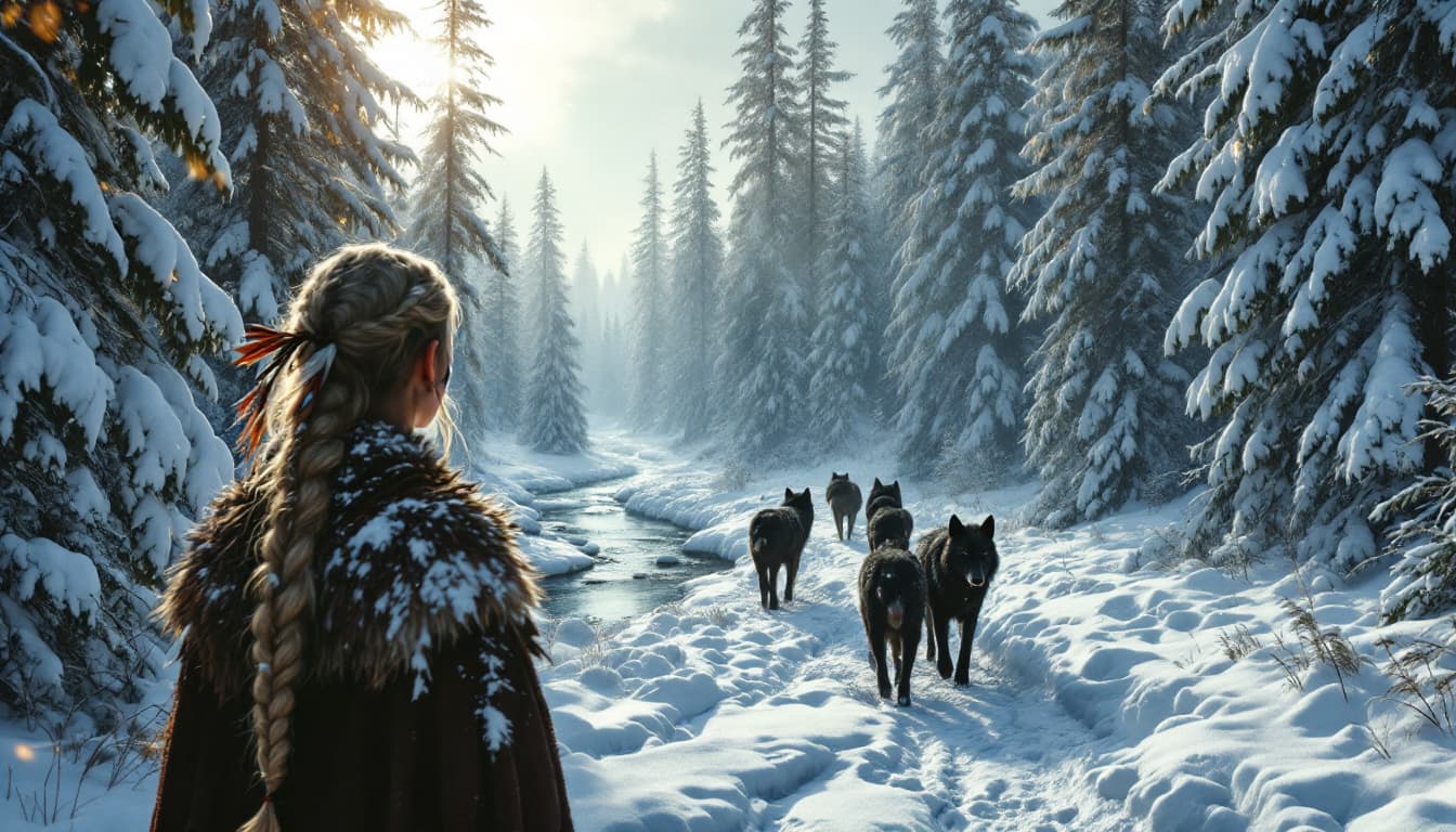 AI generated: Imagine a dense Nordic forest in the depths of winter, where tall pines and firs, a Viking warrior w...