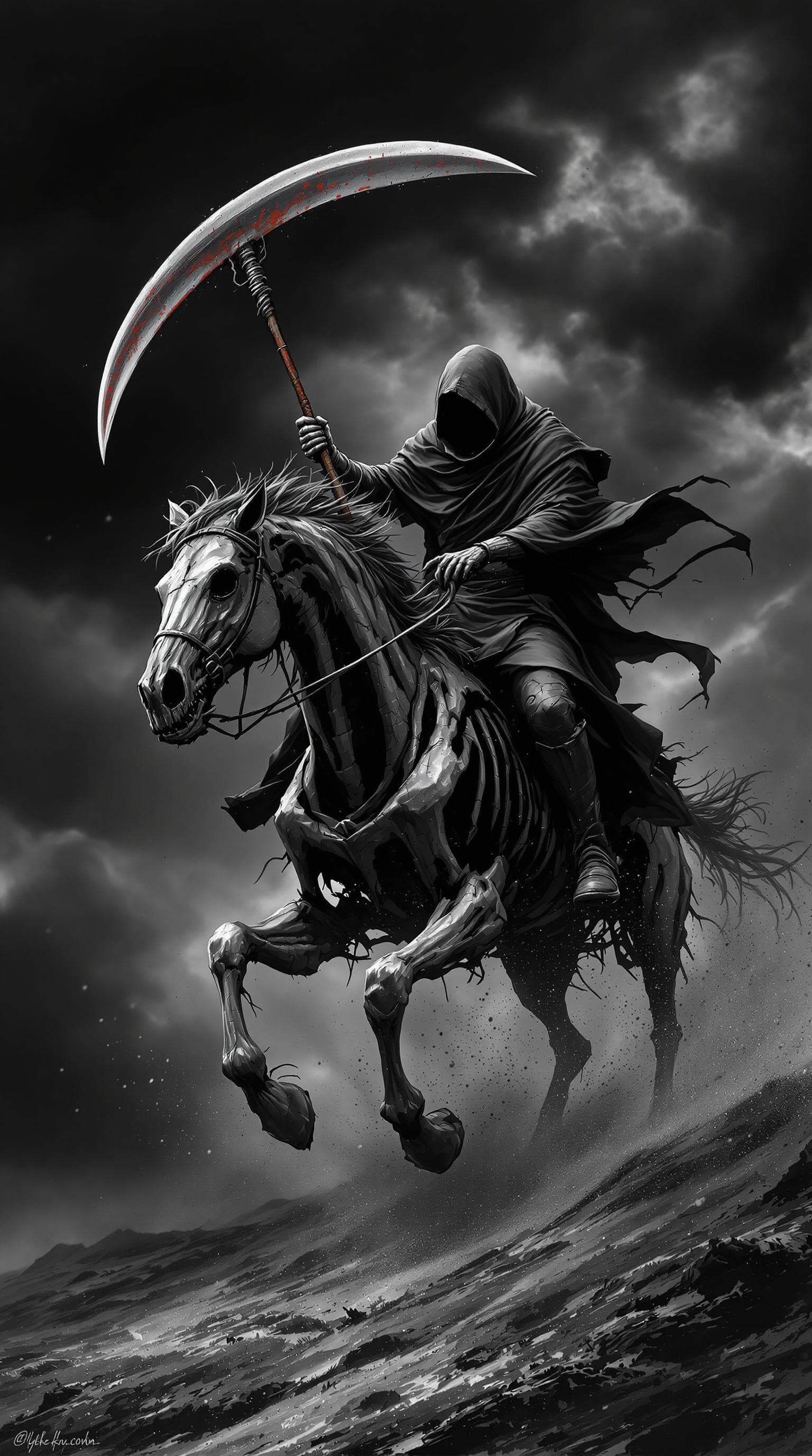 AI generated: The image depicts a dark and dramatic scene of a cloaked figure holding an old rusty scythe riding a...