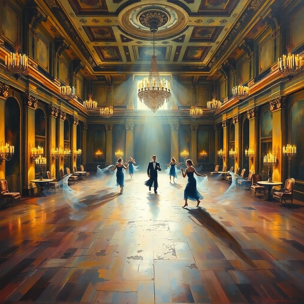 AI generated: A grand, deserted ballroom bathed in the soft glow of a thousand candles, where phantom dancers walt...
