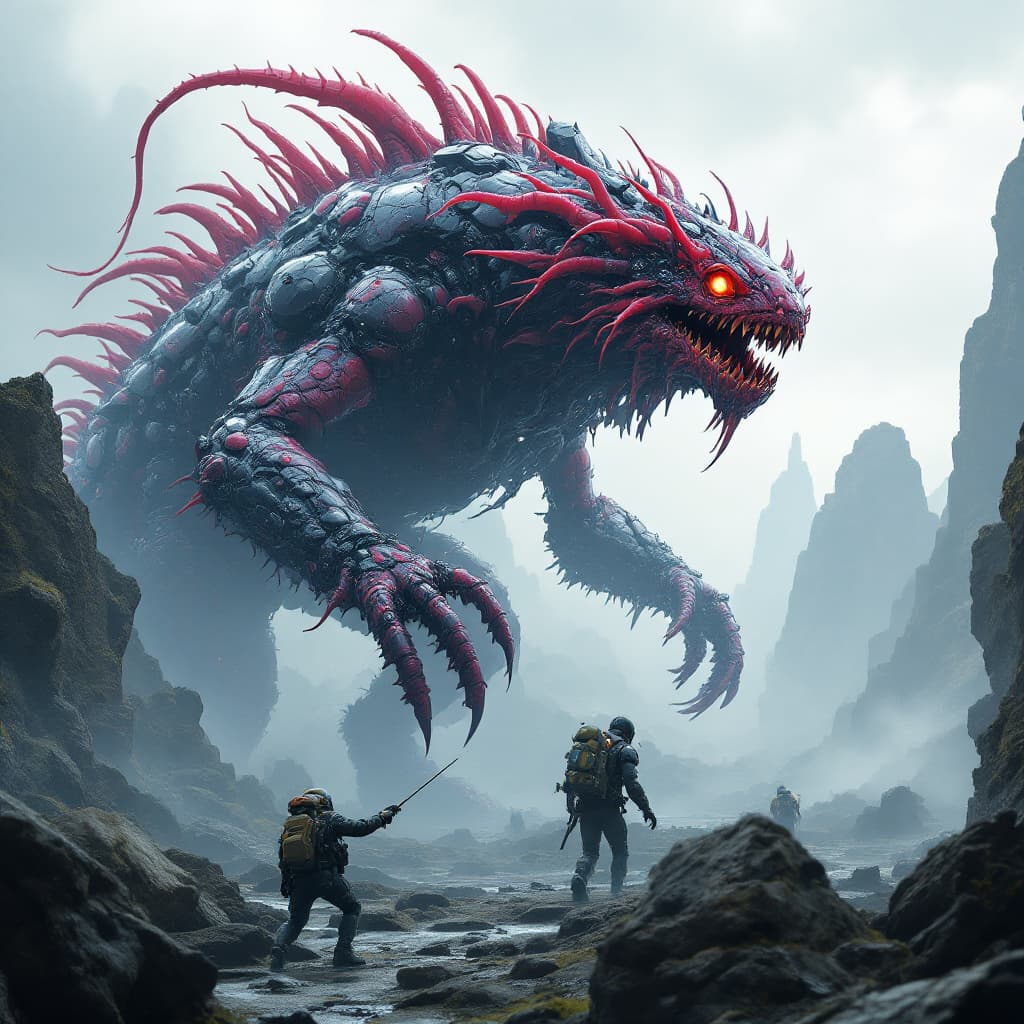AI generated: Create a giant biomechanical kaiju invasion, axolotl cyberpunk features, 98 therefore of length, Ant...