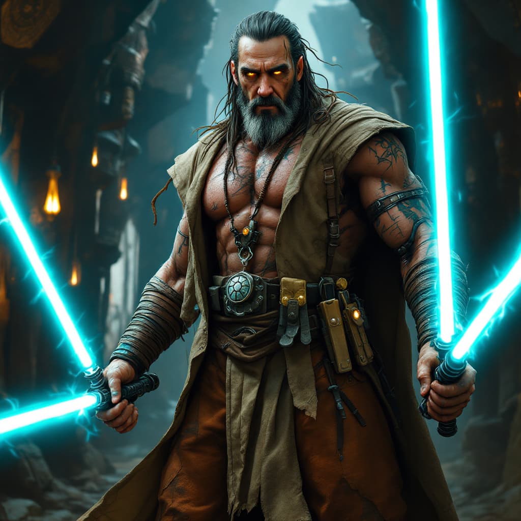 AI generated: Create a photorealistic depiction of Dren Solkaar, a grizzled Codru-Ji Jedi Master, standing tall at...