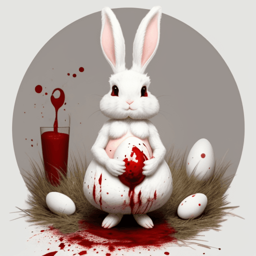 AI generated: whole full-body portrait of a bunny with eggs, full of blood