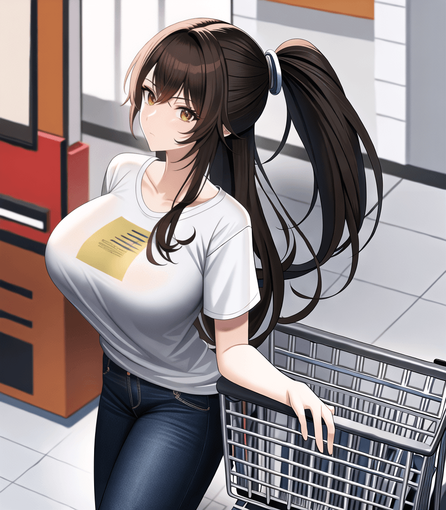 AI generated: (perfect anime illustration), 1girl, low ponytail, long hair, brown hair, (huge breasts), best girl ...