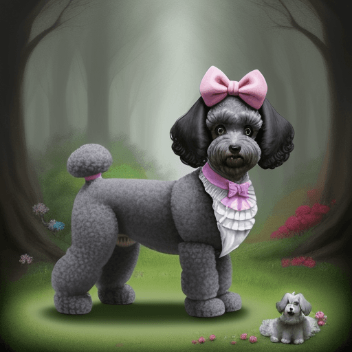 AI generated: Black cute friendly schnauzer-poodle dog, in whimsical forest inspired by alice in wonderland.