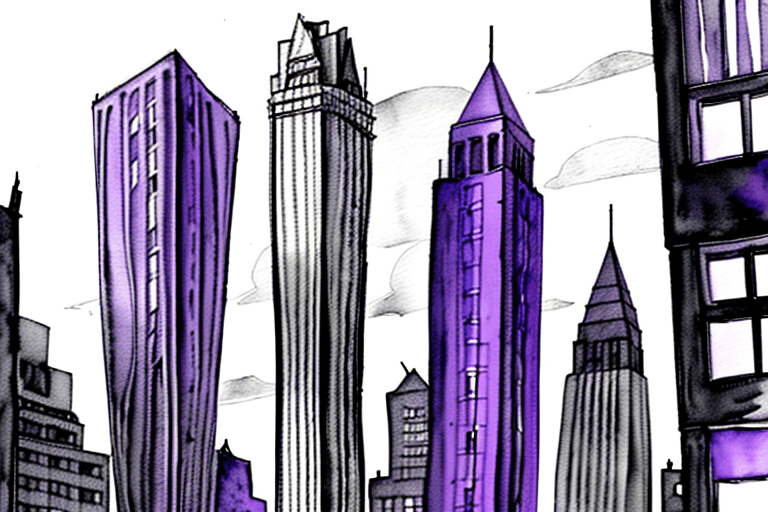AI generated: 1 story building with an arrow pointing at it surrounded by tall buildings, watercolor and pencil bl...