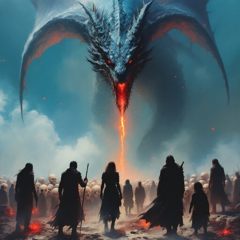 AI generated: people are standing under a dragon watching other skulls, in the style of concept art,dark sky-blue ...