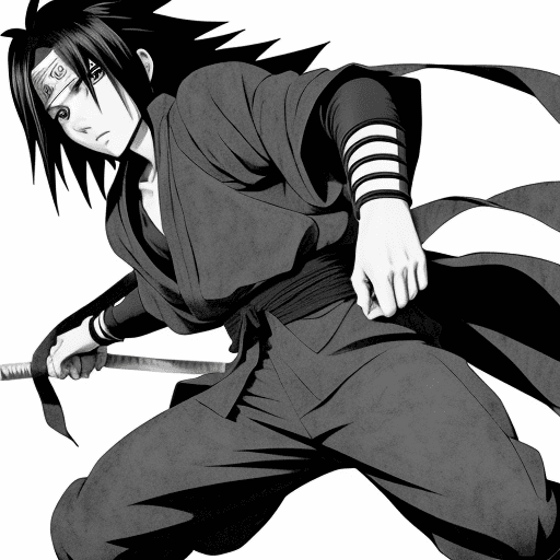 AI generated: a manga drawing of Sasuke Uchiha, close up shot, in the style of Kentaro Miura , black background, l...