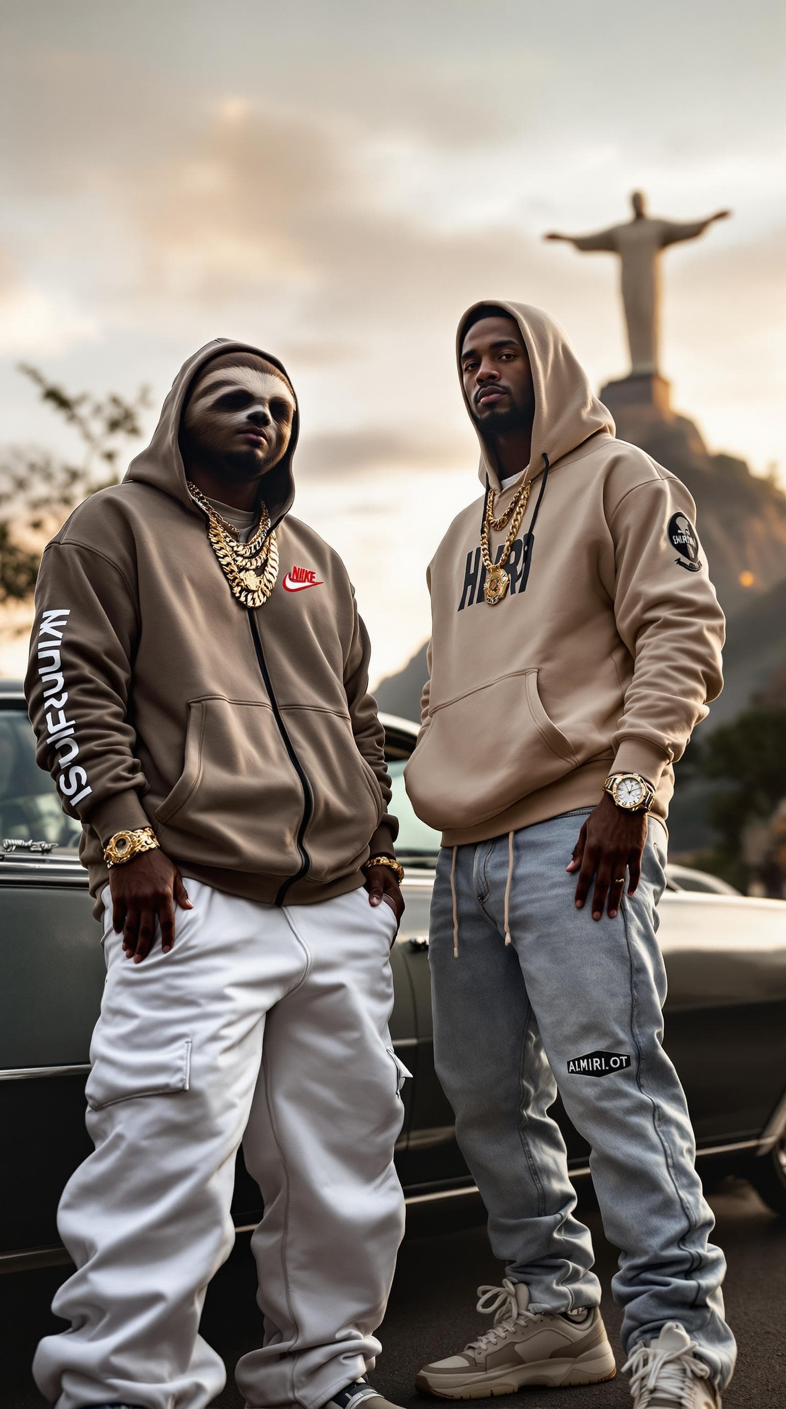 AI generated: Two men with a rich favela hustler aesthetic, blending sportswear and luxury. The sloth-headed man w...