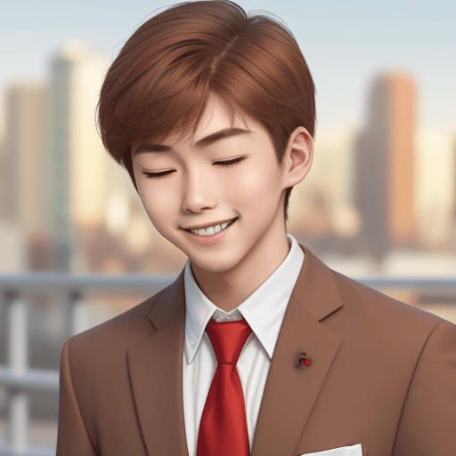 AI generated: Japanese boy, smile, eyes closed, student,  handsome, Red tie, light brown hair, light brown jacket,...