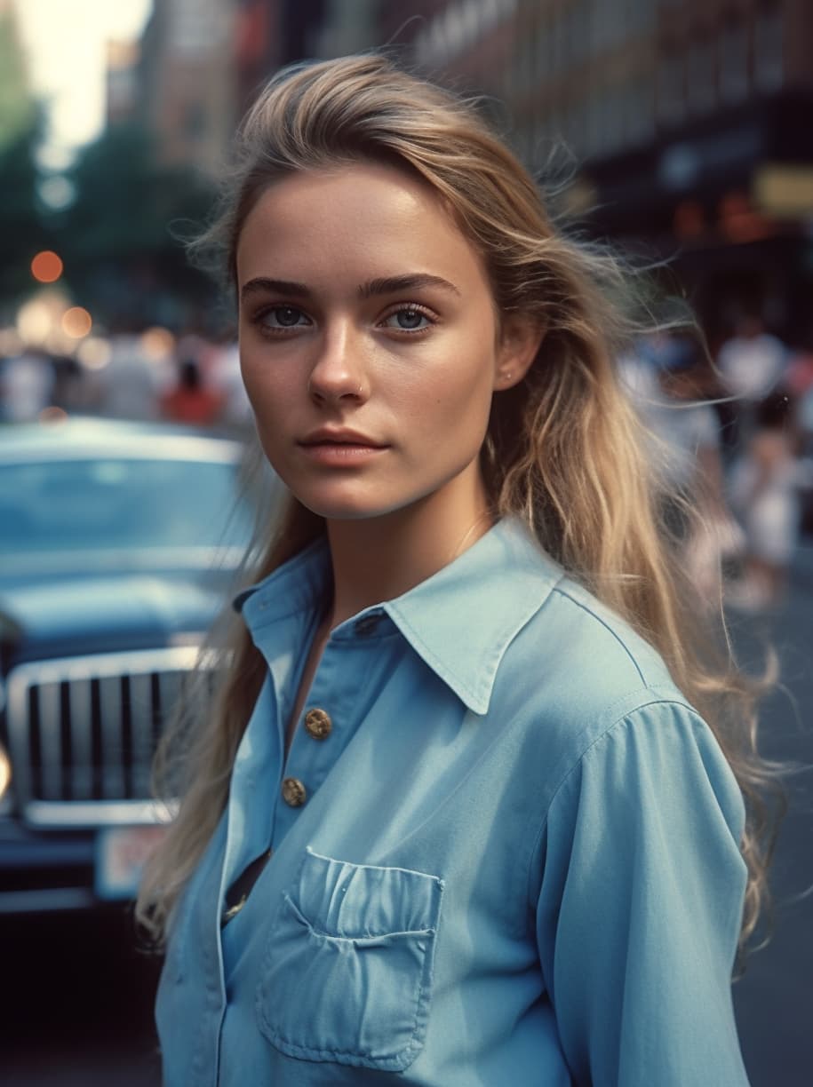 AI generated: ((waist photo)) beautiful young model in the streets of New York, wearing light blue shirt . analogu...
