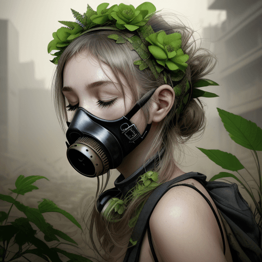 AI generated: Woman with flower crown on her head and gas mask on her face, plant growing out of her mouth, plant ...