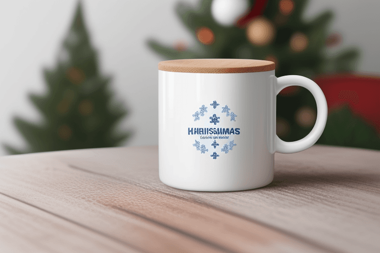 AI generated: mockup photo white mug with wery small logo 11oz white mug on a wooden texture table chrismas colour...