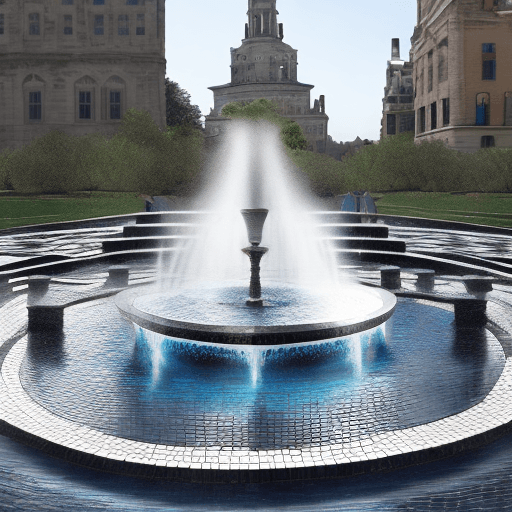 AI generated: Create an image of a round fountain 8 meter wide with eight water jets on the edge distributed equal...