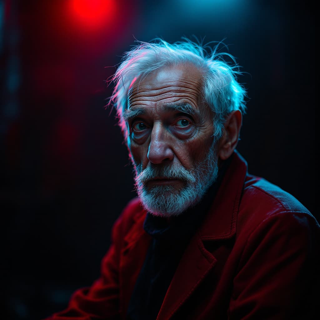 AI generated: fashion editorial, a portrait of old man is studio red and blue lights in style Alain Laboile, highr...