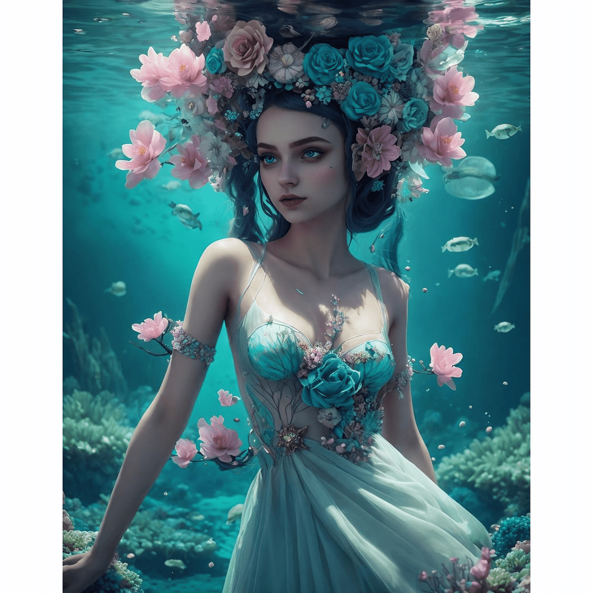 AI generated: minimoy woman underwater with flowers on her head and on top of the dress she wears, stop-motion, da...