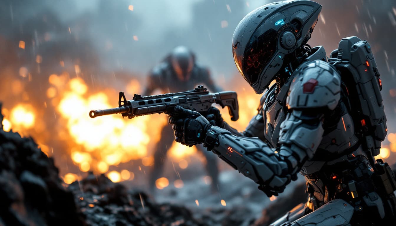 AI generated: A futuristic female soldier fighting wearing sci-fi battle armor in an alien warzone bright backgrou...