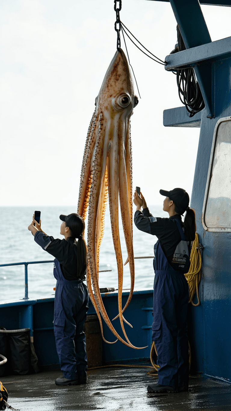 AI generated: A full-length photograph of two female fishermen on a fishing boat with a giant squid. The giant squ...