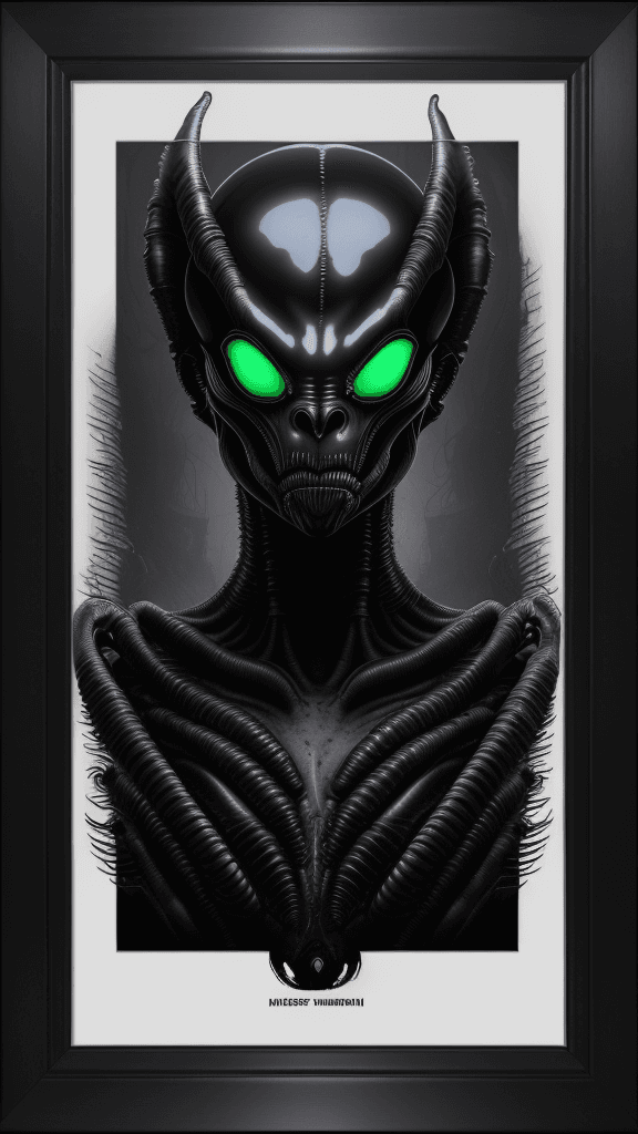 AI generated: ultraHD "Eerie-inducing Xenomorph RFKTR-style headshot framed(Alien Card):1.1 featuring H.R. Giger's...