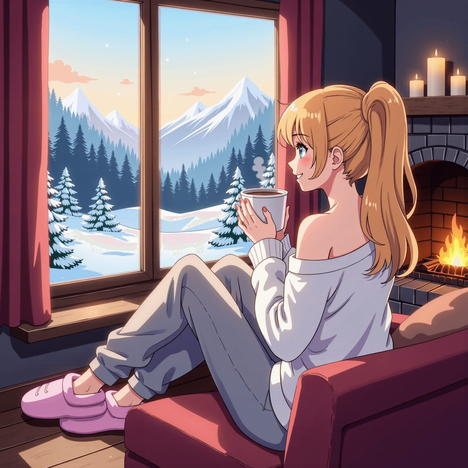 AI generated: Flat colour anime style image showing a cute 20 year old woman in a soft shoulderless white sweater ...