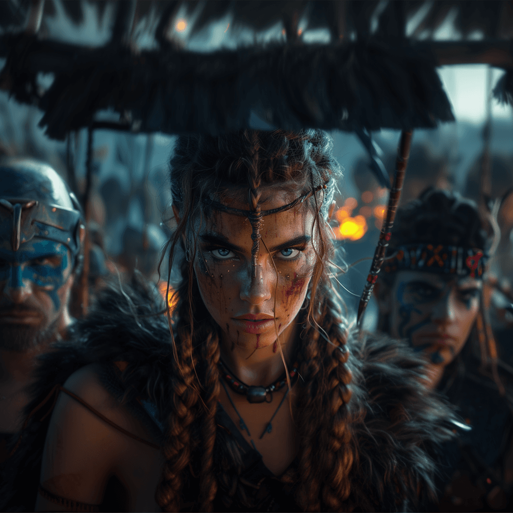 AI generated: beautiful nordic viking princess, she have viking warriors men going to war