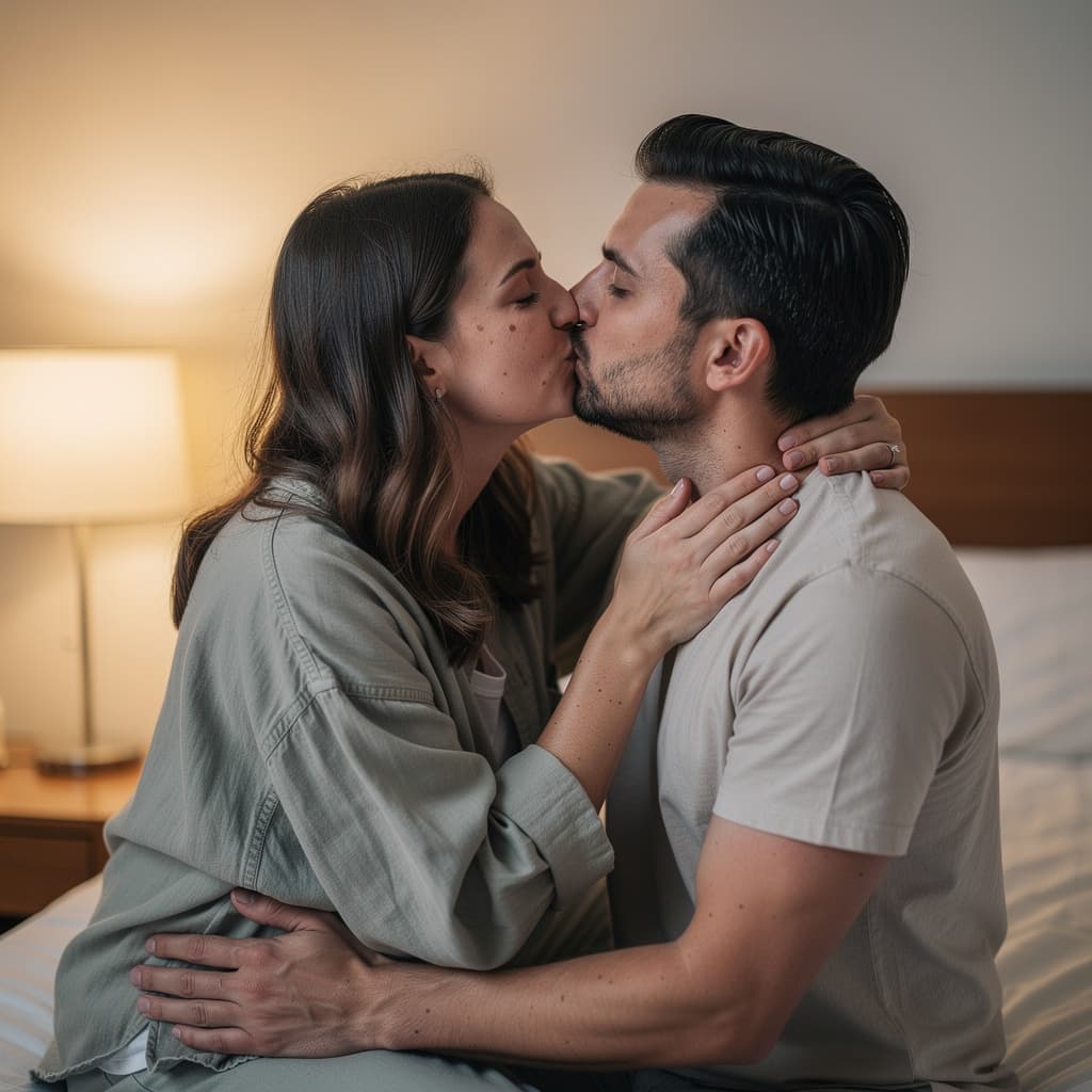 AI generated: French kiss zoom buka baju istri bugil pasangan suami istri muka badan asli natural 