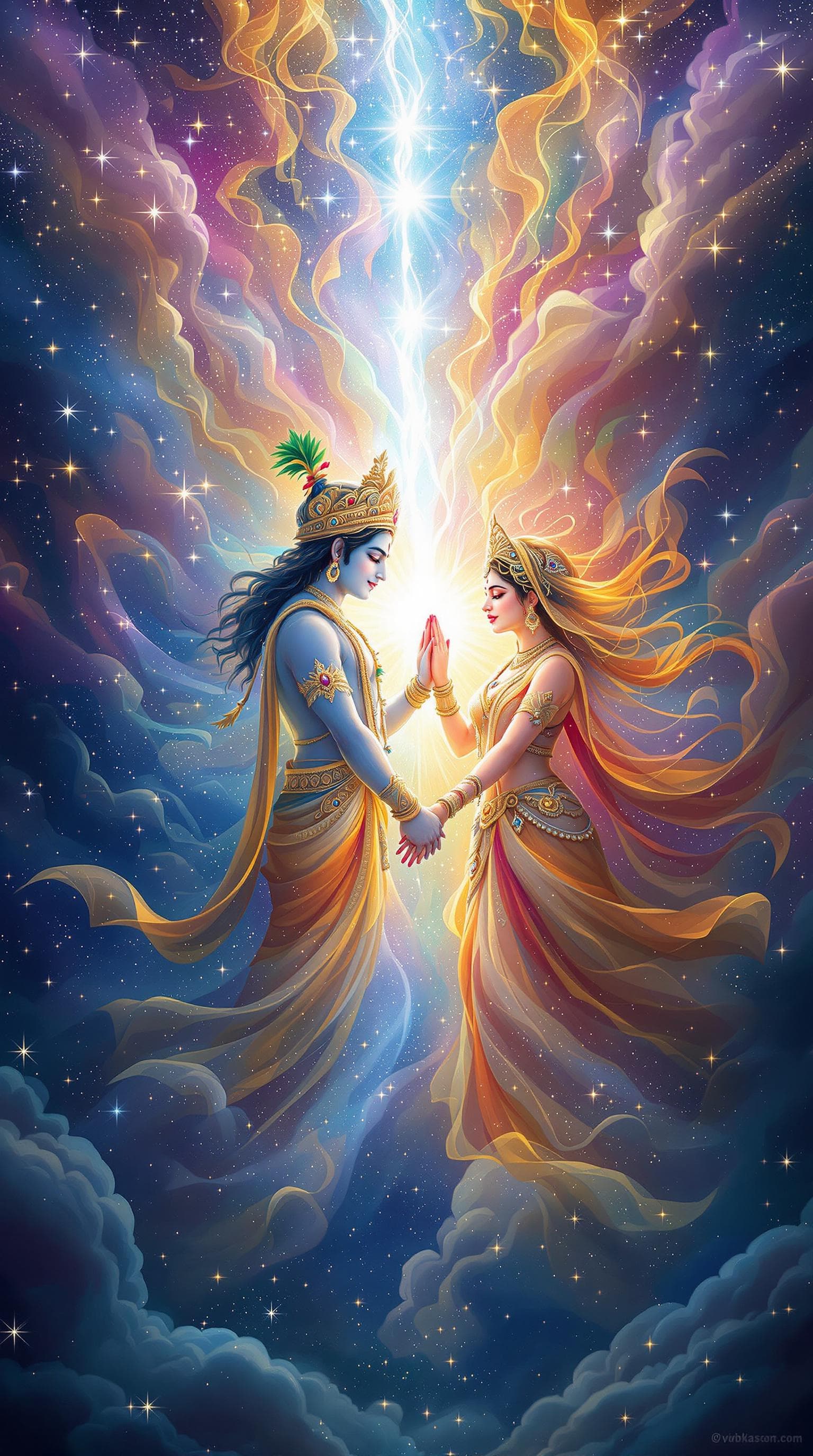 AI generated: Image Prompt: "A surreal and divine artwork of Radha and Krishna merging into a single celestial lig...