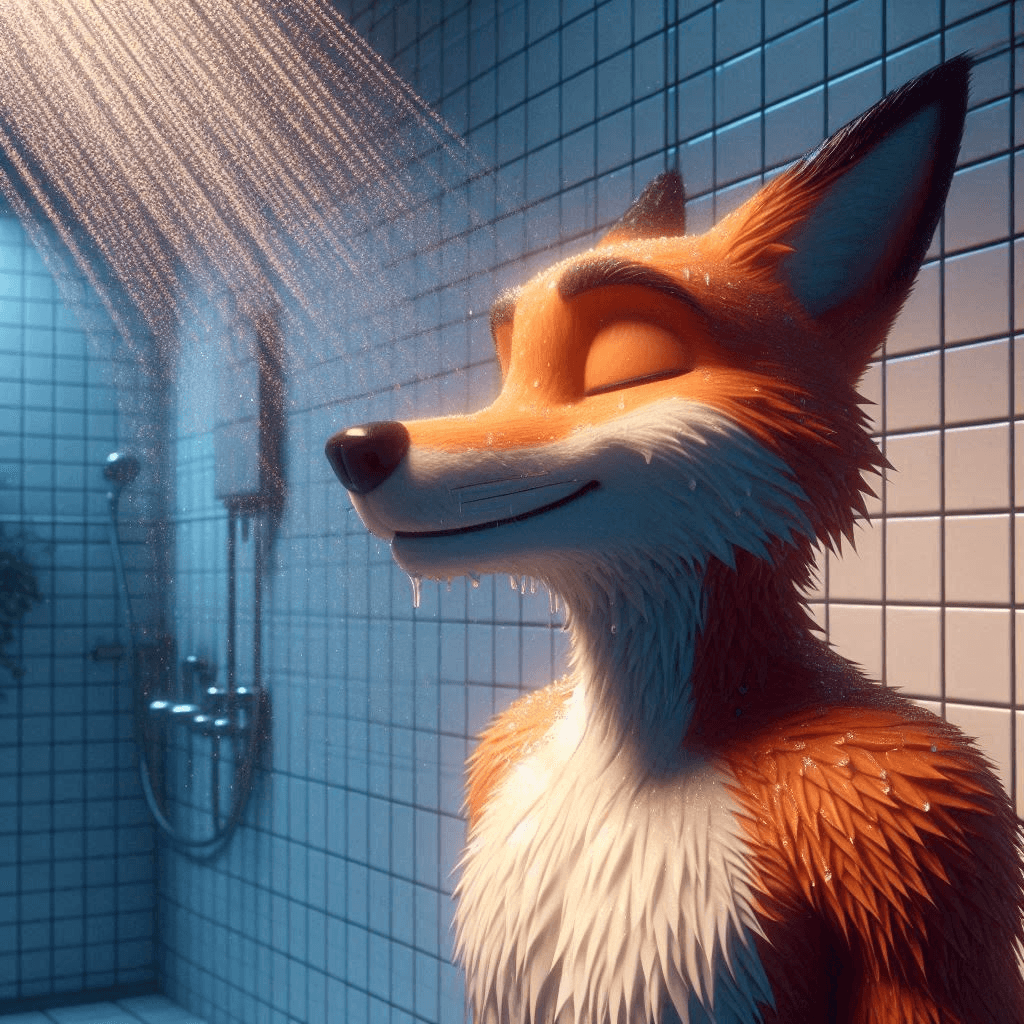 AI generated: 3D animation of a fox man standing under a shower of water in a room with a tile floor and tile wall...
