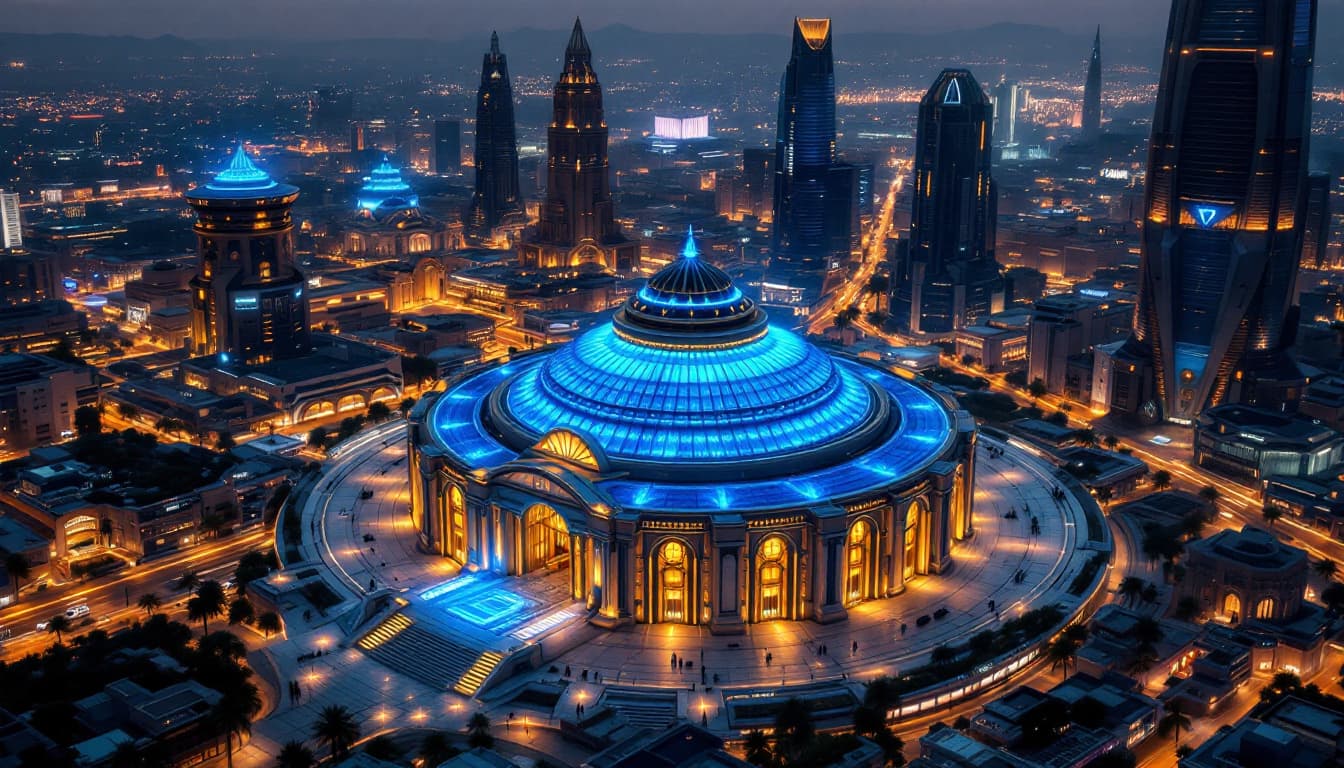 AI generated: The Central bank as seen from above : this imposing building in the busy center of a futuristic city...