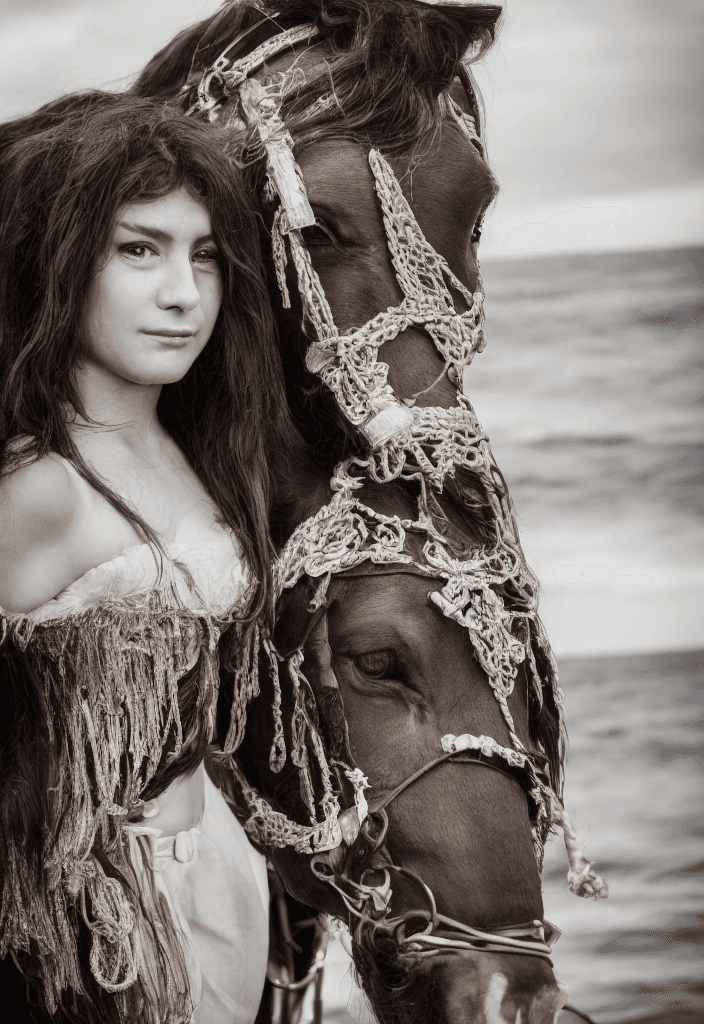 AI generated: ((Close-up portrait) ), (RAW Photo) , Stunning portrait of the beautiful Queen of the sea, with sunt...