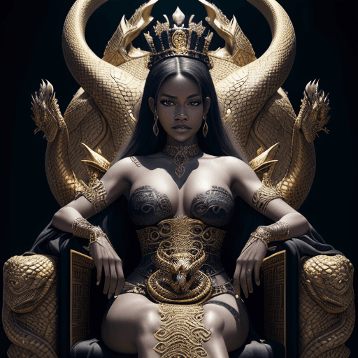 AI generated: A very beautiful queen sitting on a black throne made of gold, with a serpent-dragon like elements a...