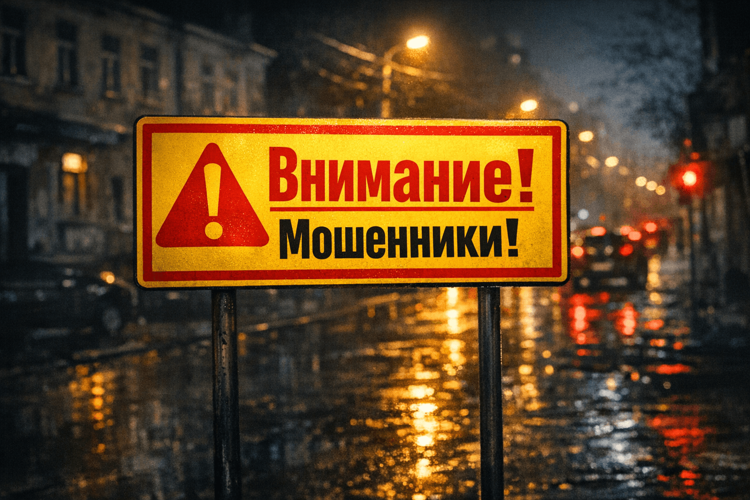 AI generated: "Create an image of a street sign with bold, warning text that says 'Внимание! Мошенники!' (in Russi...