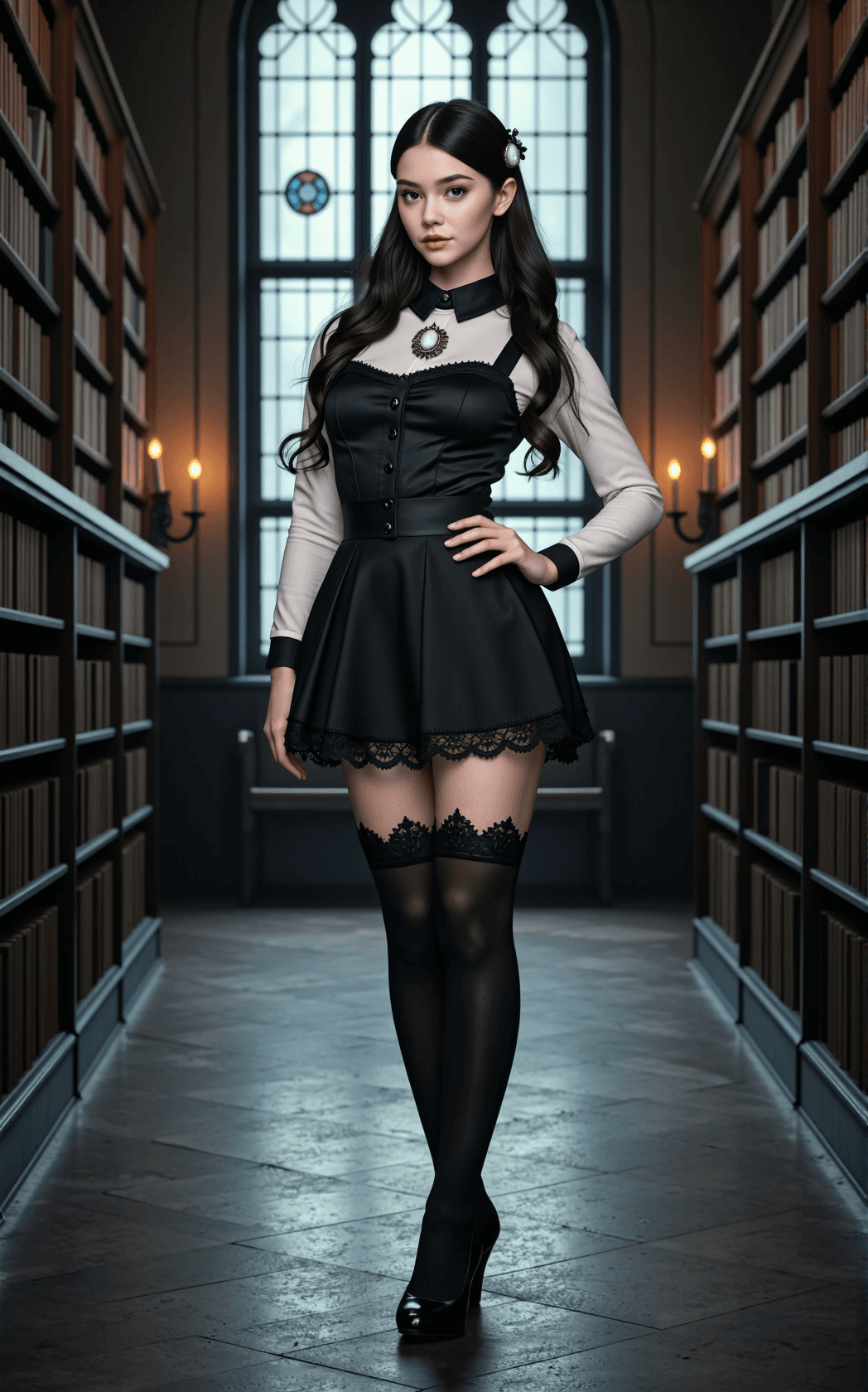 AI generated: A young woman stands poised in a Victorian gothic library, tall and willowy with soft curves, pale p...