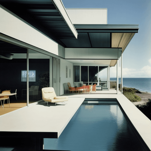 AI generated: Hyper realistic eye level exterior photo of a mid century modern style house overlooking the ocean, ...