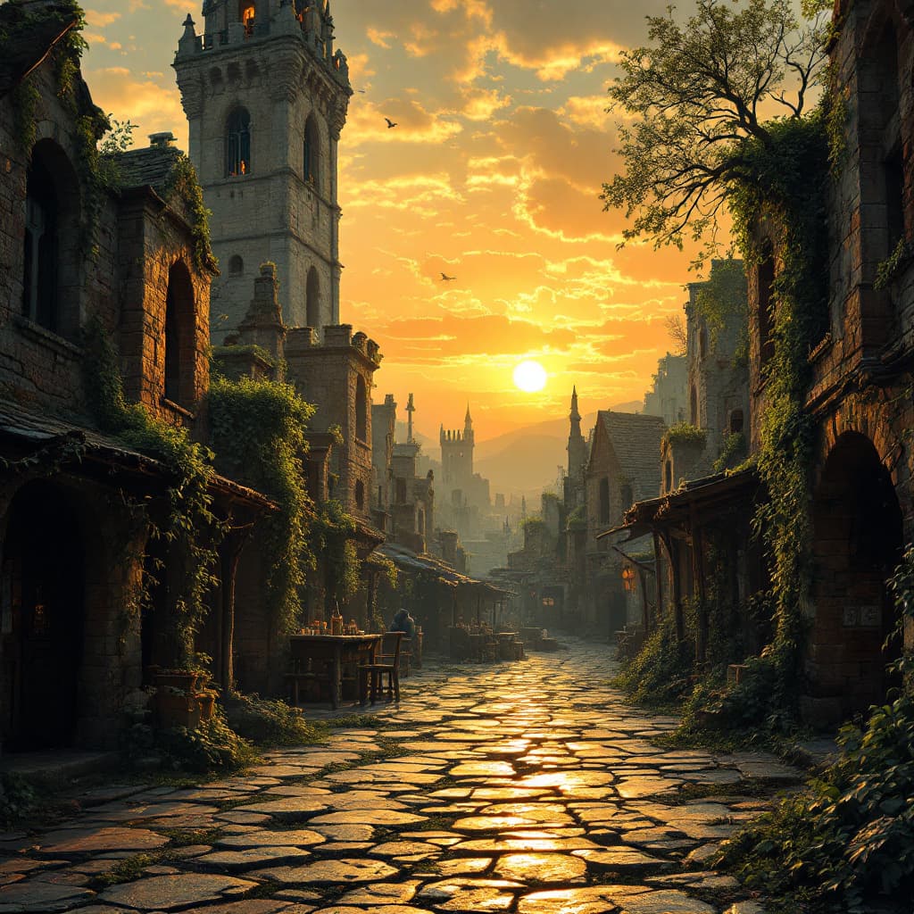 AI generated: 37.	abandoned medieval marketplace, ruined stalls, creeping vines, golden sunset --v 7 --style histo...
