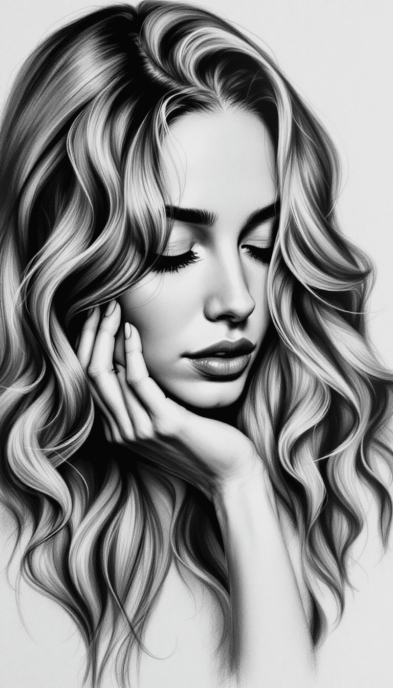 AI generated: The painting is a detailed black and white sketch of a woman with long, wavy hair that flows around ...