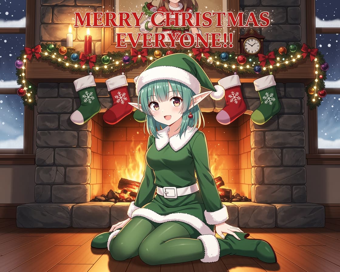 AI generated: A cute anime-style elf girl with teal shoulder-length hair, pointed ears, and a playful smile, dress...
