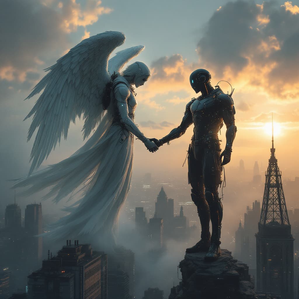 AI generated: Cyber punk angel holding hands with a cyber punk human above a cyber punk city

