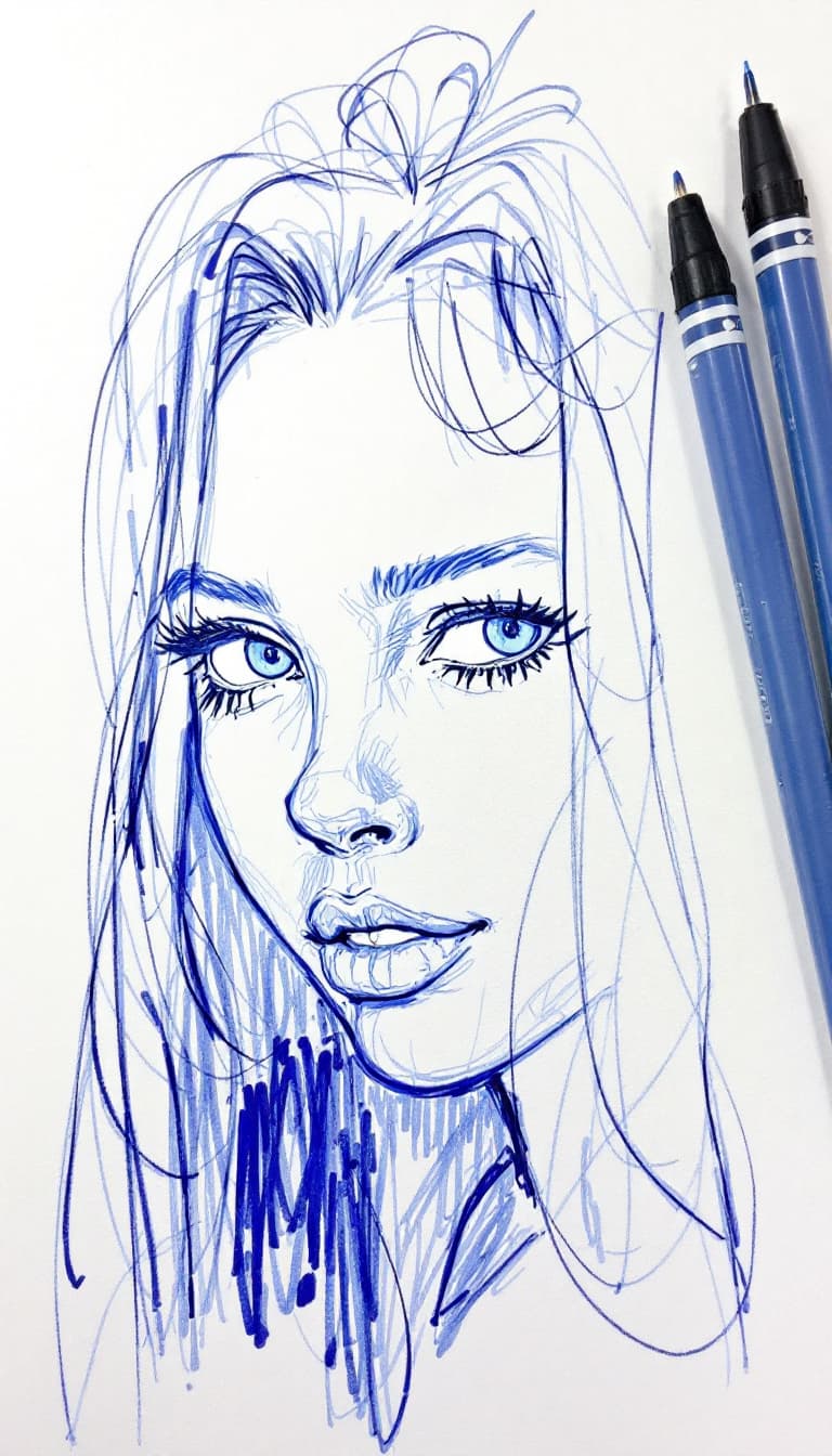 AI generated: girl, blue pen drawing, sketch