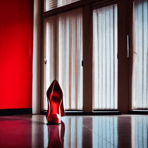 AI generated:  red high heels shoes in thebig empty  stylish just shoes in the big empty room  A ray of sunlight f...