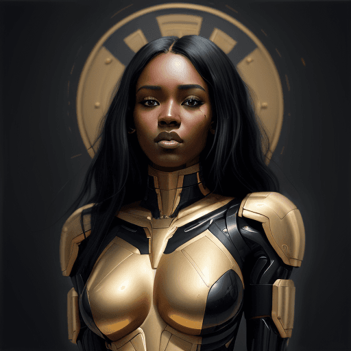 AI generated: a black woman cyborg with long black hair in a gold painting, in the style of charlie bowater, dark ...