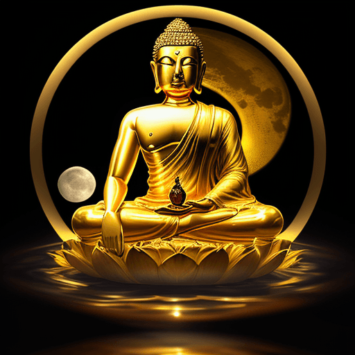 AI generated: beautiful golden image of buddha sitting in water with bright full moon hanging in the sky, in the s...