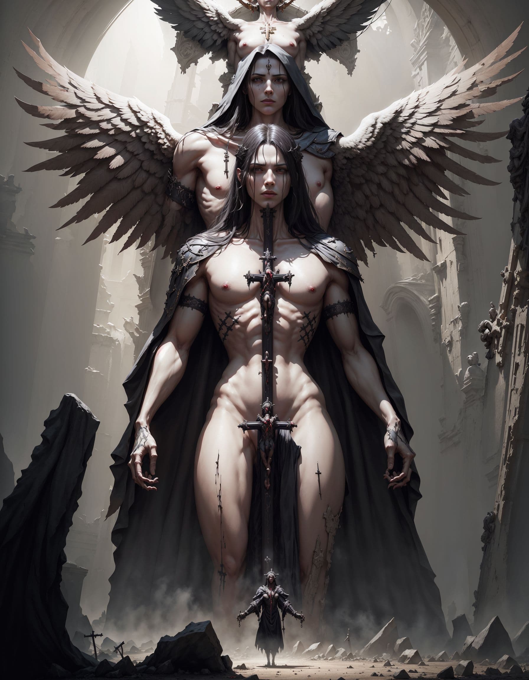 AI generated: dark ritual, massive crucifix and an angel nailed to it, concept video game art, schematics, strong ...