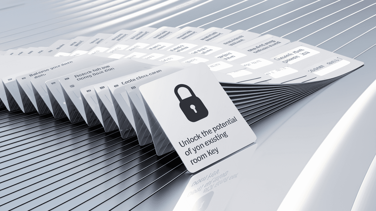 AI generated: **"A set of ultra-thin, glossy RFID hotel room key cards, arranged in a neat, structured fan-like la...