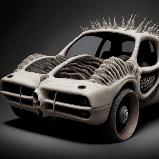 AI generated: "A disturbing, surreal car made entirely of flesh and bone, with an outer layer of skin stretched ov...