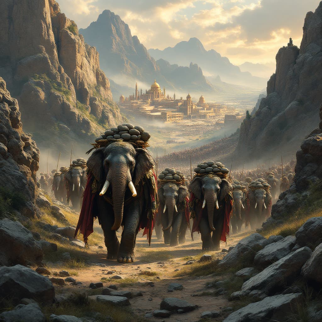 AI generated: An illustration of Hannibal  the Carthaginian general walking through the mountains  with his army t...