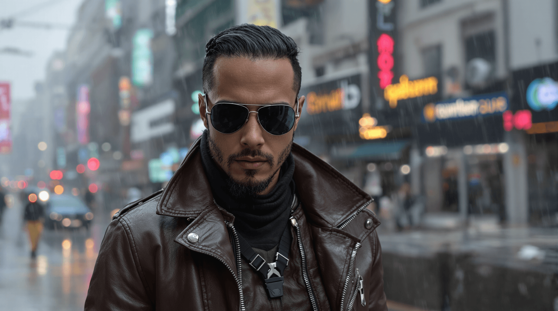 AI generated: Assasin wearing dark brown leather jacket, cyberpunk city, looking at the camera, wearing sunglasses...