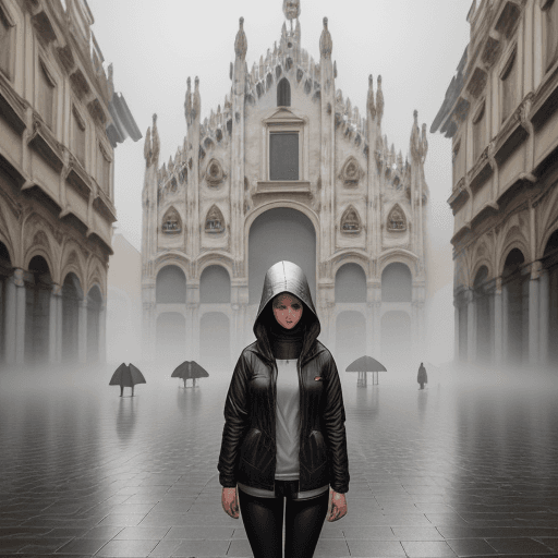 AI generated: realistic panoramic photo against the light, thick fog,  in Piazza del Duomo in Milan  17-year-old g...